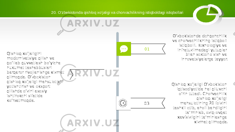 20. O‘zbekistonda qishloq xo‘jaligi va chorvachilikning istiqboldagi istiqbollari 03 Qishloq xoʻjaligi Oʻzbekiston iqtisodiyotida hal qiluvchi oʻrin tutadi. Chorvachilik qishloq xo‘jaligi mahsulotining 20 foizini tashkil etib, aholi bandligini ta’minlab, oziq-ovqat xavfsizligini ta’minlashga xizmat qilmoqda.01 O‘zbekistonda dehqonchilik va chorvachilikning istiqboli istiqbolli. Texnologiya va infratuzilmadagi yutuqlar bilan sektor o&#39;sish va innovatsiyalarga tayyor. 02Qishloq xo‘jaligini modernizatsiya qilish va qo‘llab-quvvatlash bo‘yicha hukumat tashabbuslari barqaror rivojlanishga xizmat qilmoqda. O‘zbekiston qishloq xo‘jaligi mahsulotlari yetishtirish va eksport qilishda o‘zini asosiy ishtirokchi sifatida ko‘rsatmoqda. 