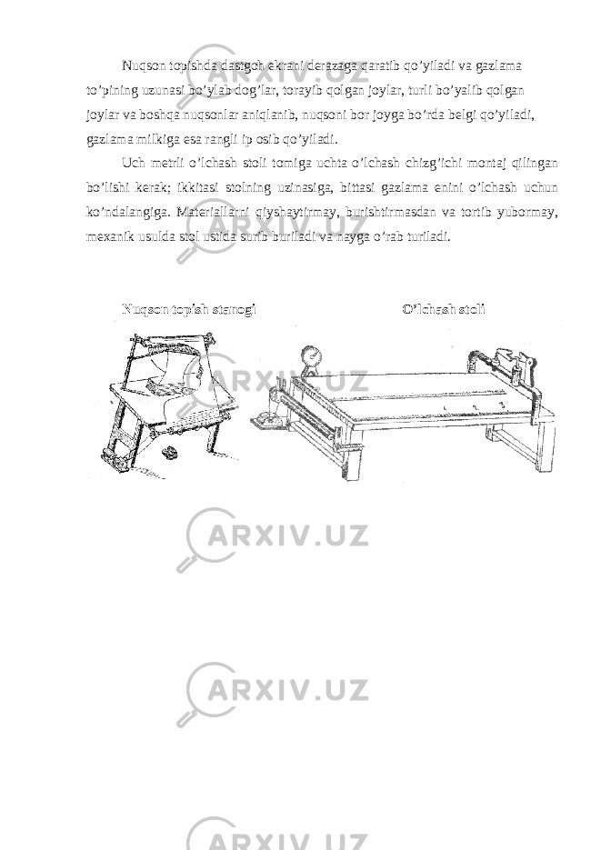 Nuqson topishda dastgoh ekrani derazaga qaratib qo’yiladi va gazlama to’pining uzunasi bo’ylab dog’lar, torayib qolgan joylar, turli bo’yalib qolgan joylar va boshqa nuqsonlar aniqlanib, nuqsoni bor joyga bo’rda belgi qo’yiladi, gazlama milkiga esa rangli ip osib qo’yiladi. Uch metrli o’lchash stoli tomiga uchta o’lchash chizg’ichi montaj qilingan bo’lishi kerak; ikkitasi stolning uzinasiga, bittasi gazlama enini o’lchash uchun ko’ndalangiga. Materiallarni qiyshaytirmay, burishtirmasdan va tortib yubormay, mexanik usulda stol ustida surib buriladi va nayga o’rab turiladi. Nuqson topish stanogi O’lchash stoli 