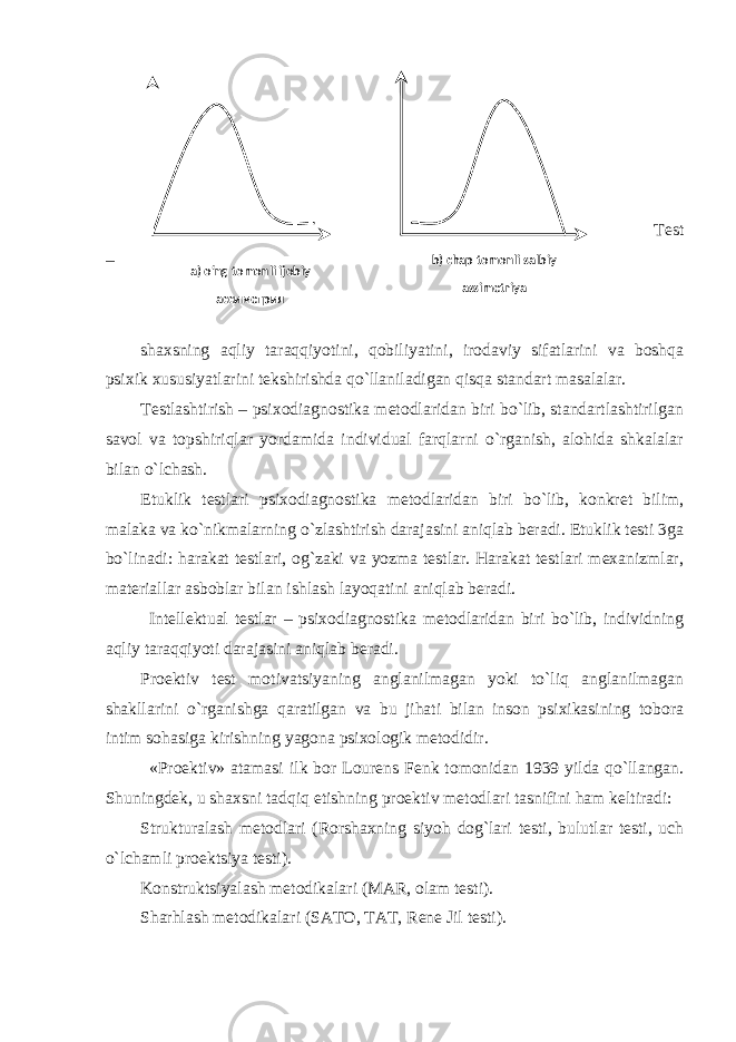 a) o‘ng tomonli ijobiy ассиметрия b) chap tomonli salbiy assim е triya Test – shaxsning aqliy taraqqiyotini, qobiliyatini, irodaviy sifatlarini va boshqa psixik xususiyatlarini tekshirishda qo`llaniladigan qisqa standart masalalar. Testlashtirish – psixodiagnostika metodlaridan biri bo`lib, standartlashtirilgan savol va topshiriqlar yordamida individual farqlarni o`rganish, alohida shkalalar bilan o`lchash. Etuklik testlari psixodiagnostika metodlaridan biri bo`lib, konkret bilim, malaka va ko`nikmalarning o`zlashtirish darajasini aniqlab beradi. Etuklik testi 3ga bo`linadi: harakat testlari, og`zaki va yozma testlar. Harakat testlari mexanizmlar, materiallar asboblar bilan ishlash layoqatini aniqlab beradi. Intellektual testlar – psixodiagnostika metodlaridan biri bo`lib, individning aqliy taraqqiyoti darajasini aniqlab beradi. Proektiv test motivatsiyaning anglanilmagan yoki to`liq anglanilmagan shakllarini o`rganishga qaratilgan va bu jihati bilan inson psixikasining tobora intim sohasiga kirishning yagona psixologik metodidir. «Proektiv» atamasi ilk bor Lourens Fenk tomonidan 1939 yilda qo`llangan. Shuningdek, u shaxsni tadqiq etishning proektiv metodlari tasnifini ham keltiradi: Strukturalash metodlari (Rorshaxning siyoh dog`lari testi, bulutlar testi, uch o`lchamli proektsiya testi). Konstruktsiyalash metodikalari (MAR, olam testi). Sharhlash metodikalari (SATO, TAT, Rene Jil testi). 