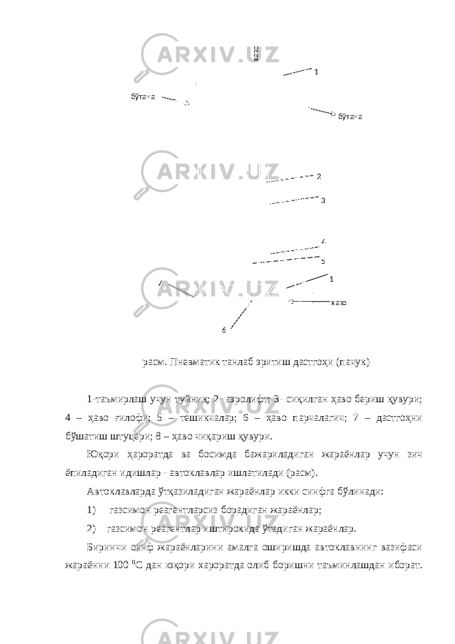  расм. Пневматик танлаб эритиш дастгоҳи (пачук) 1-таъмирлаш учун туйниқ; 2- аэролифт; 3- сиқилган ҳаво бериш қувури; 4 – ҳаво ғилофи; 5 – тешикчалар; 6 – ҳаво парчалагич; 7 – дастгоҳни бўшатиш штуцери; 8 – ҳаво чиқариш қувури. Юқори ҳароратда ва босимда бажариладиган жараёнлар учун зич ёпиладиган идишлар - автоклавлар ишлатилади (расм). Автоклавларда ўтқазиладиган жараёнлар икки синфга бўлинади: 1) газсимон реагентларсиз борадиган жараёнлар; 2) газсимон реагентлар иштирокида ўтадиган жараёнлар. Биринчи синф жараёнларини амалга оширишда автоклавнинг вазифаси жараённи 100 0 С дан юқори хароратда олиб боришни таъминлашдан иборат.хавобўтана бўтана1 2 3 4 5 1 хаво 67 
