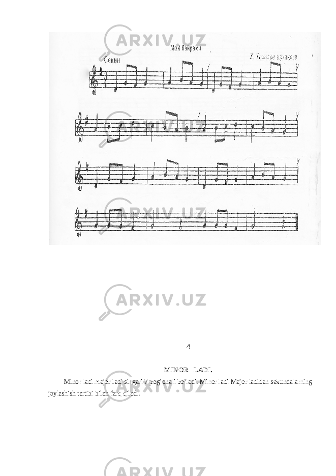 4 MINОR LАDI. Minоr lаdi mаjоr lаdi singаri 7 pоg’оnаli bo’lаdi. Minоr lаdi Mаjоr lаdidаn sеkundаlаrning jоylаshish tаrtibi bilаn fаrq qilаdi. 