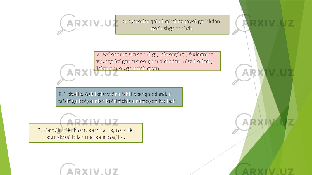 6. Qarorlar qabul qilishda javobgarlikdan qochishga intilish. 7. Axloqning stereotipligi, takroriyligi. Axloqning yuzaga kelgan stereotipini oldindan bilsa bo‘ladi, lekin uni o‘zgartirish qiyin. 8. Tobelik. Addiktiv yo‘nalishli boshqa odamlar ta’siriga bo‘ysunish ko‘rinishida namoyon bo‘ladi. 9. Xavotirlilik. Nomukammallik, tobelik kompleksi bilan mahkam bog‘liq. 