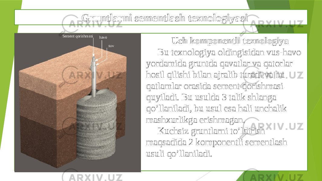 Gruntlarni sementlash texnologiyasi x Sement qorishmasi havo Uch komponentli texnologiya Bu texnologiya oldingisidan vus-havo yordamida gruntda qavatlar va qatorlar hosil qilishi bilan ajralib turadi va bu qatlamlar orasida sement qorishmasi quyiladi. Bu usulda 3 talik shlanga qo’llaniladi, bu usul esa hali unchalik mashxurlikga erishmagan. Kuchsiz gruntlarni to’ldirish maqsadida 2 komponentli sementlash usuli qo’llaniladi.Sement qorishmasi havo suv 