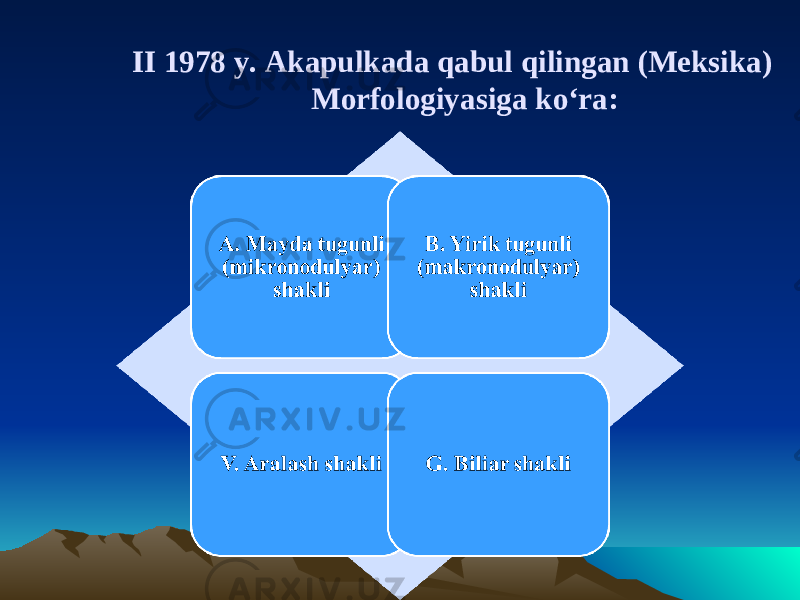 II 1978 y. Akapulkada qabul qilingan (Meksika) Morfologiyasiga ko‘ra: 