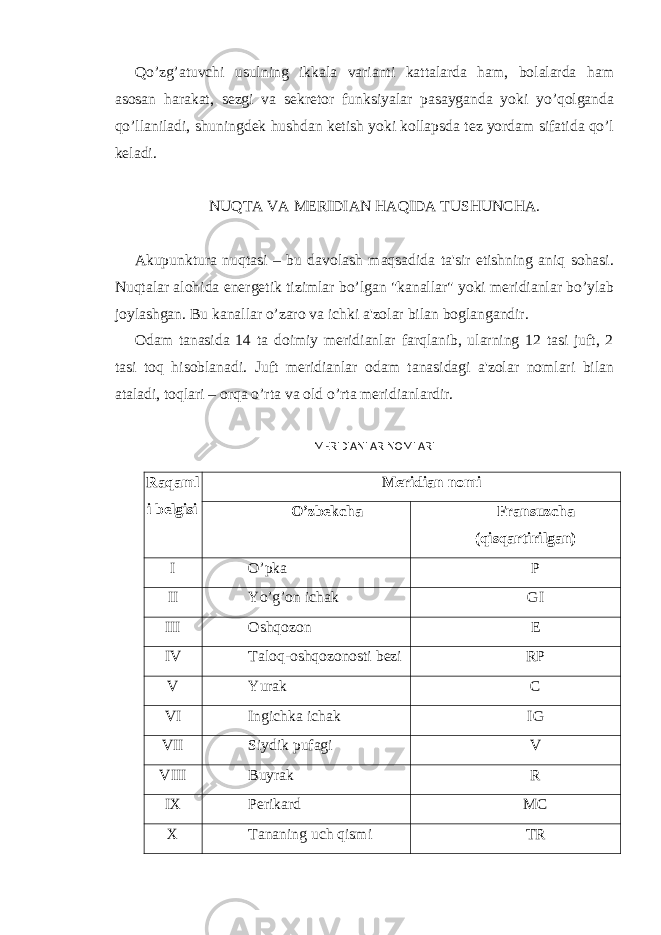 Qo’zg’atuvchi usulning ikkala varianti kattalarda ham, bolalarda ham asosan harakat, sezgi va sekretor funksiyalar pasayganda yoki yo’qolganda qo’llaniladi, shuningdek hushdan ketish yoki kollapsda tez yordam sifatida qo’l keladi. NU Q TA VA MERIDIAN H A Q IDA TUSHUNCHA. Akupunktura nuqtasi – bu davolash maqsadida ta&#39;sir etishning aniq sohasi. Nuqtalar alohida energetik tizimlar bo’lgan &#34;kanallar&#34; yoki meridianlar bo’ylab joylashgan. Bu kanallar o’zaro va ichki a&#39;zolar bilan boglangandir. Odam tanasida 14 ta doimiy meridianlar farqlanib, ularning 12 tasi juft, 2 tasi toq hisoblanadi. Juft meridianlar odam tanasidagi a&#39;zolar nomlari bilan ataladi, toqlari – orqa o’rta va old o’rta meridianlardir. MERIDIANLAR NOMLARI Ra q aml i belgisi Meridian nomi O ’ zbekcha Fransuzcha (qisqartirilgan) I O’ pka Р II Y o’g’ on ichak GI III Osh q ozon E IV Talo q -osh q ozonosti bezi RP V Yurak C VI Ingichka ichak IG VII Siydik pufagi V VIII Buyrak R IX Perikard MC X Tananing uch qismi TR 