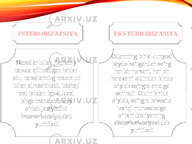 Narsalar bilan jismoniy tarzda qilinadigan ishlar shu narsalarning mazmuni bilan almashinadi. Tashqi real ishdan ichki ideal ishga mana shunday o’tish jarayonini interorizatsiya deb yuritiladiINTERORIZATSIYA EKSTERIORIZASIYA Odamning ichki dunyosi paydo bo’lgandan so’ng har bir narsani, har bir harakatni oldindan ichida o’ylab so’ngra amalga oshiradi. Oldin ichida o’ylab, so’ngra bevosita tashqi munosabatga o’tishi faoliyatning eksteriorizasiyasi deb yuritiladi. 