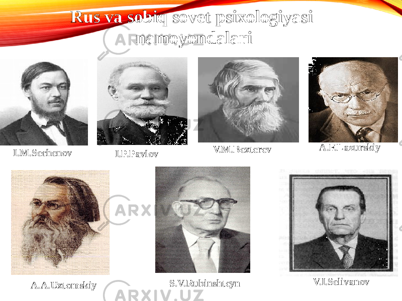 Rus va sobiq sovet psixologiyasi namoyondalari I.M.Sechenov I.P.Pavlov V.M.Bexterev A.F.Lazurskiy A.A.Uxtomskiy V.I.Selivanov S.V.Rubinshteyn 