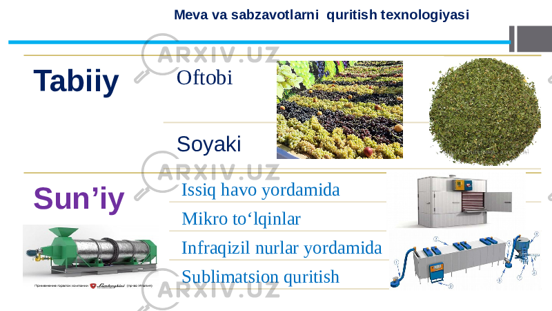 Meva va sabzavotlarni quritish texnologiyasi Tabiiy Oftobi Soyaki Sun’iy Issiq havo yordamida Mikro to‘lqinlar Infraqizil nurlar yordamida Sublimatsion quritish 