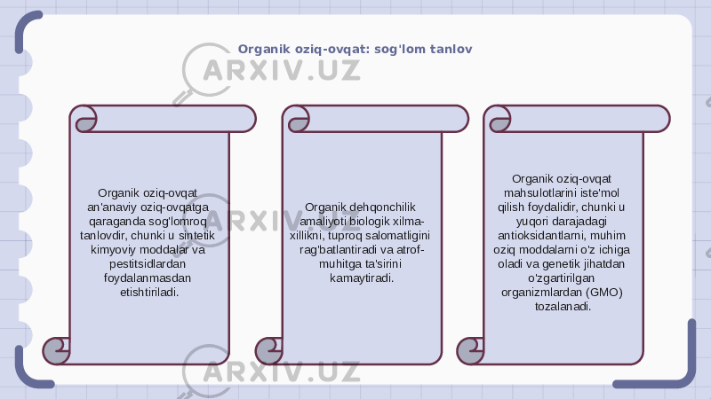 Organik oziq-ovqat: sog&#39;lom tanlov Organik oziq-ovqat an&#39;anaviy oziq-ovqatga qaraganda sog&#39;lomroq tanlovdir, chunki u sintetik kimyoviy moddalar va pestitsidlardan foydalanmasdan etishtiriladi. Organik dehqonchilik amaliyoti biologik xilma- xillikni, tuproq salomatligini rag&#39;batlantiradi va atrof- muhitga ta&#39;sirini kamaytiradi. Organik oziq-ovqat mahsulotlarini iste&#39;mol qilish foydalidir, chunki u yuqori darajadagi antioksidantlarni, muhim oziq moddalarni o&#39;z ichiga oladi va genetik jihatdan o&#39;zgartirilgan organizmlardan (GMO) tozalanadi. 