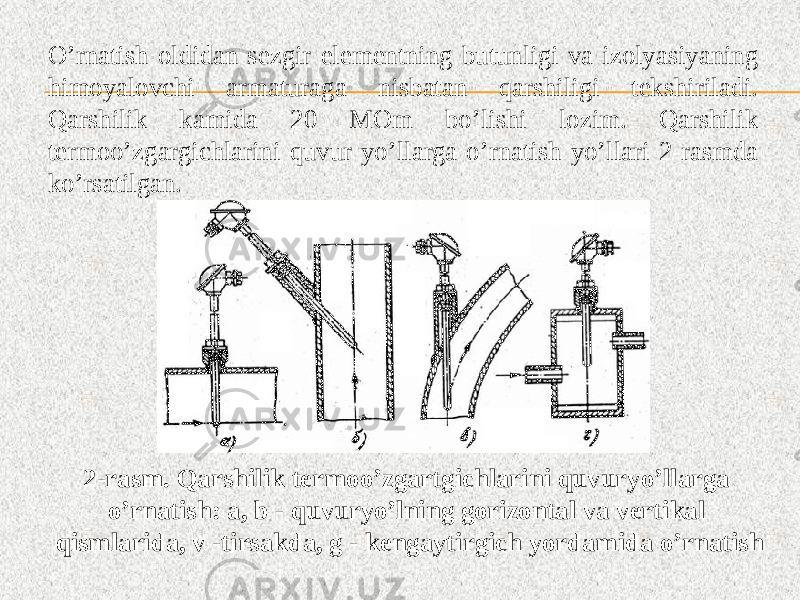 O’rnatish oldidan sezgir elementning butunligi va izolyasiyaning himoyalovchi armaturaga nisbatan qarshiligi tekshiriladi. Qarshilik kamida 20 MOm bo’lishi lozim. Qarshilik termoo’zgargichlarini quvur yo’llarga o’rnatish yo’llari 2-rasmda ko’rsatilgan. 2-rasm. Qarshilik termoo’zgartgichlarini quvuryo’llarga o’rnatish: a, b - quvuryo’lning gorizontal va vertikal qismlarida, v -tirsakda, g - kengaytirgich yordamida o’rnatish 