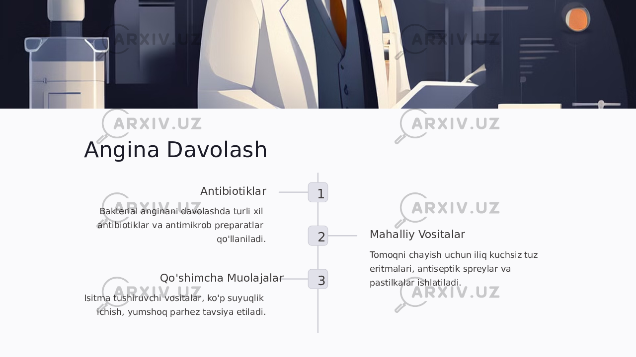 Angina Davolash 1Antibiotiklar Bakterial anginani davolashda turli xil antibiotiklar va antimikrob preparatlar qo&#39;llaniladi. 2 Mahalliy Vositalar Tomoqni chayish uchun iliq kuchsiz tuz eritmalari, antiseptik spreylar va pastilkalar ishlatiladi.3Qo&#39;shimcha Muolajalar Isitma tushiruvchi vositalar, ko&#39;p suyuqlik ichish, yumshoq parhez tavsiya etiladi. 