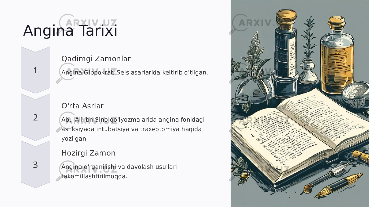 Angina Tarixi Qadimgi Zamonlar Angina Gippokrat, Sels asarlarida keltirib o&#39;tilgan. O&#39;rta Asrlar Abu Ali ibn Sino qo&#39;lyozmalarida angina fonidagi asfiksiyada intubatsiya va traxeotomiya haqida yozilgan. Hozirgi Zamon Angina o&#39;rganilishi va davolash usullari takomillashtirilmoqda. 