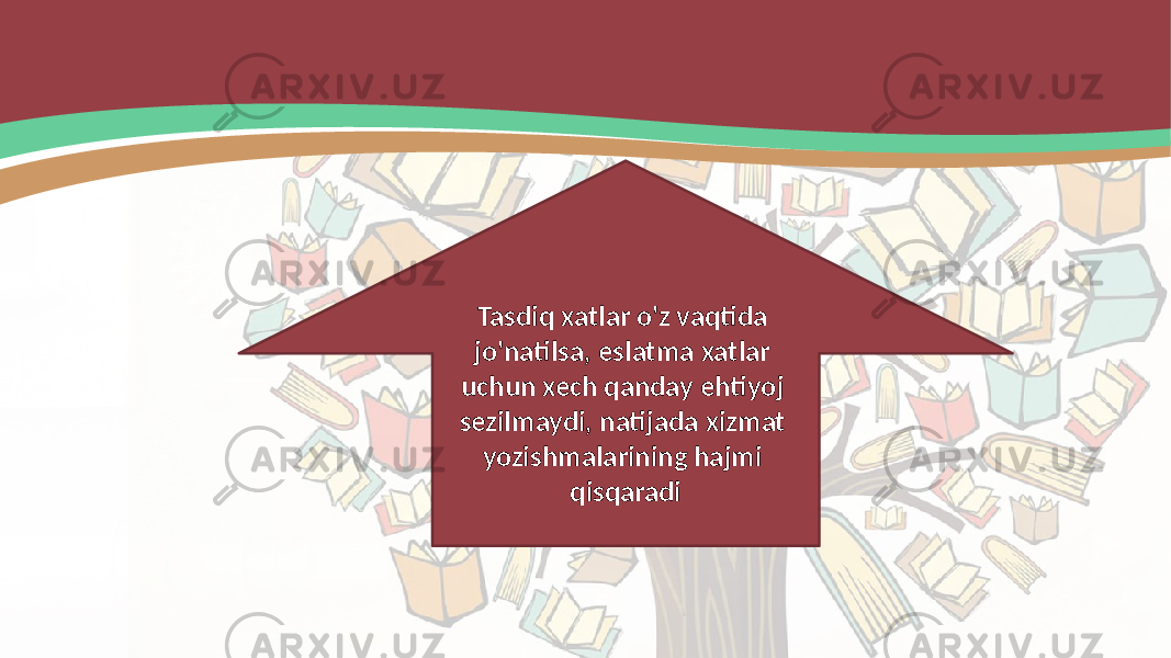 Tasdiq xatlar o&#39;z vaqtida jo&#39;natilsa, eslatma xatlar uchun xech qanday ehtiyoj sezilmaydi, natijada xizmat yozishmalarining hajmi qisqaradi 