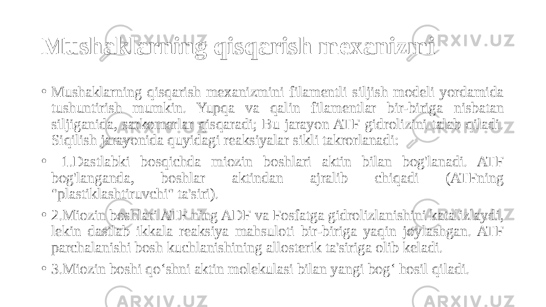 Mushaklarning qisqarish mexanizmi • Mushaklarning qisqarish mexanizmini filamentli siljish modeli yordamida tushuntirish mumkin. Yupqa va qalin filamentlar bir-biriga nisbatan siljiganida, sarkomerlar qisqaradi; Bu jarayon ATF gidrolizini talab qiladi. Siqilish jarayonida quyidagi reaksiyalar sikli takrorlanadi: • 1.Dastlabki bosqichda miozin boshlari aktin bilan bog&#39;lanadi. ATF bog&#39;langanda, boshlar aktindan ajralib chiqadi (ATFning &#34;plastiklashtiruvchi&#34; ta&#39;siri). • 2.Miozin boshlari ATF ning ADF va Fosfatga gidrolizlanishini katalizlaydi, lekin dastlab ikkala reaksiya mahsuloti bir-biriga yaqin joylashgan. ATF parchalanishi bosh kuchlanishining allosterik ta&#39;siriga olib keladi. • 3.Miozin boshi qo‘shni aktin molekulasi bilan yangi bog‘ hosil qiladi. 