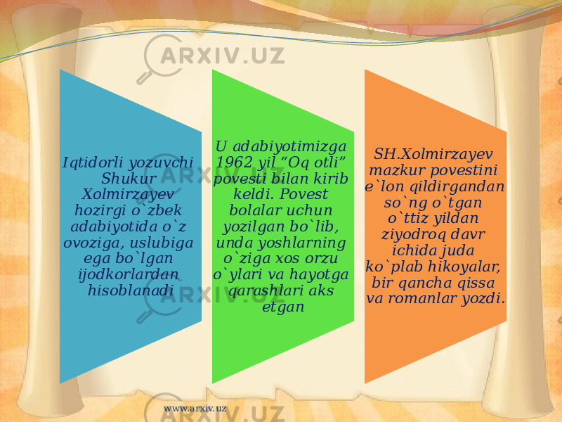 Iqtidorli yozuvchi Shukur Xolmirzayev hozirgi o`zbek adabiyotida o`z ovoziga, uslubiga ega bo`lgan ijodkorlardan hisoblanadi U adabiyotimizga 1962 yil “Oq otli” povesti bilan kirib keldi. Povest bolalar uchun yozilgan bo`lib, unda yoshlarning o`ziga xos orzu o`ylari va hayotga qarashlari aks etgan SH.Xolmirzayev mazkur povestini e`lon qildirgandan so`ng o`tgan o`ttiz yildan ziyodroq davr ichida juda ko`plab hikoyalar, bir qancha qissa va romanlar yozdi. www.arxiv.uz 