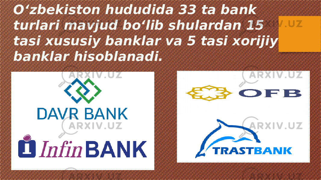 Oʻzbekiston hududida 33 ta bank turlari mavjud boʻlib shulardan 15 tasi xususiy banklar va 5 tasi xorijiy banklar hisoblanadi. 