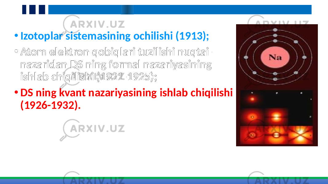 • Izotoplar sistemasining ochilishi (1913); • Atom elektron qobiqlari tuzilishi nuqtai- nazaridan DS ning formal nazariyasining ishlab chiqilishi (1921-1925); • DS ning kvant nazariyasining ishlab chiqilishi (1926-1932). 