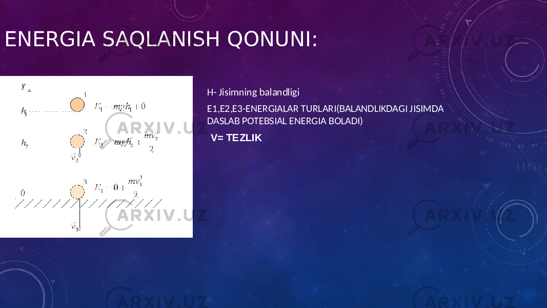 ENERGIA SAQLANISH QONUNI: H- Jisimning balandligi E1,E2,E3-ENERGIALAR TURLARI(BALANDLIKDAGI JISIMDA DASLAB POTEBSIAL ENERGIA BOLADI) V= TEZLIK   