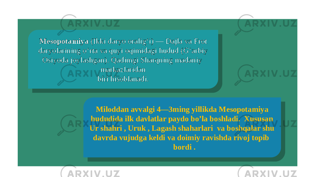  Mesopotamiya  (Ikki daryo oraligʻi) — Dajla va Frot daryolarining oʻrta va quyi oqimidagi hudud (Gʻarbiy Osiyoda joylashgan). Qadimgi Sharqning madaniy markazlaridan biri hisoblanadi. Miloddan avvalgi 4—3ming yillikda Mesopotamiya hududida ilk davlatlar paydo bo’la boshladi. Xususan Ur shahri , Uruk , Lagash shaharlari va boshqalar shu davrda vujudga keldi va doimiy ravishda rivoj topib bordi .01 303109 2116 05 1E 261F 01 0E 15 1C 0C 18 