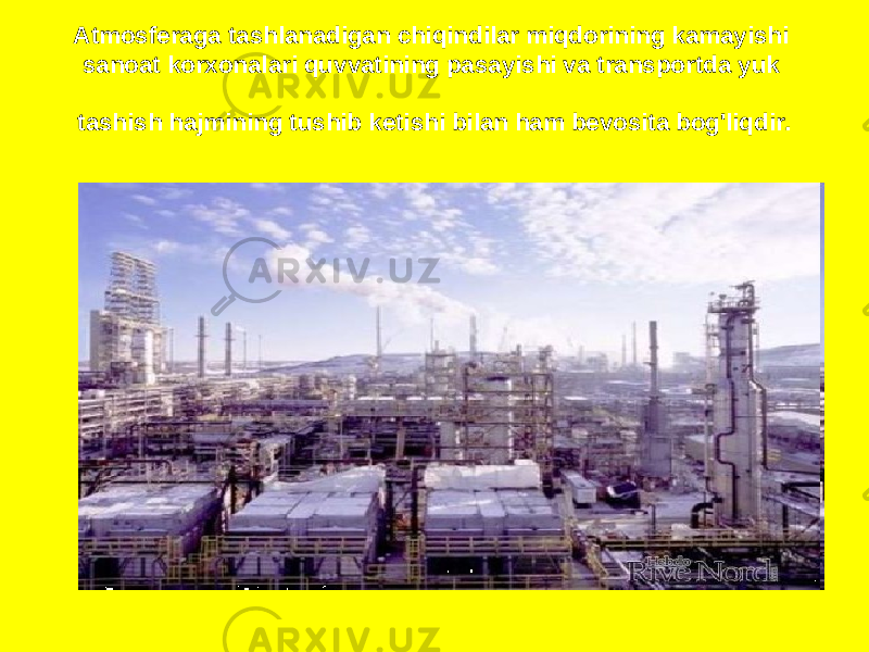 Atmosferaga tashlanadigan chiqindilar miqdorining kamayishi sanoat korxonalari quvvatining pasayishi va transportda yuk tashish hajmining tushib ketishi bilan ham bevosita bog&#39;liqdir. 