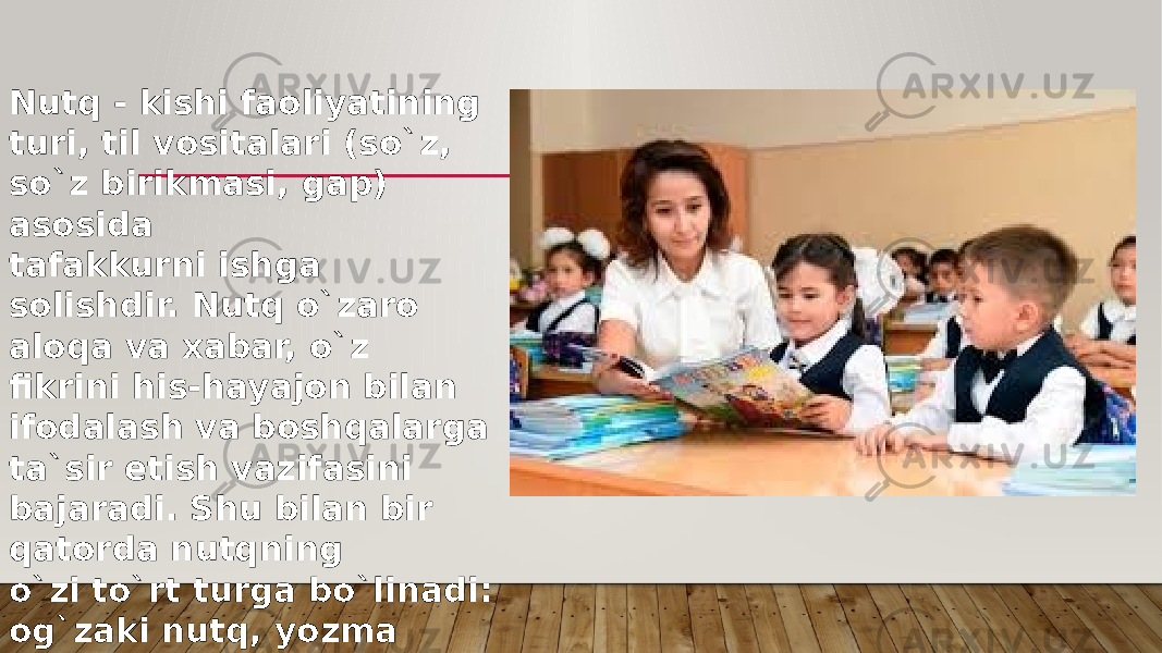 Nutq - kishi faoliyatining turi, til vositalari (so`z, so`z birikmasi, gap) asosida tafakkurni ishga solishdir. Nutq o`zaro aloqa va xabar, o`z fikrini his-hayajon bilan ifodalash va boshqalarga ta`sir etish vazifasini bajaradi. Shu bilan bir qatorda nutqning o`zi to`rt turga bo`linadi: og`zaki nutq, yozma nutq, ichki nutq, tashqi nutq. 