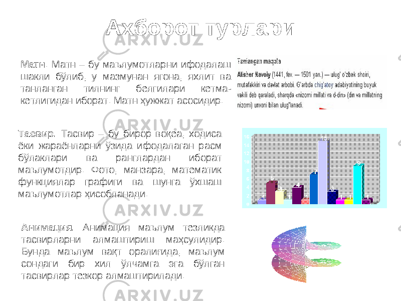 Ахборот турлари Матн . Матн – бу маълумотларни ифодалаш шакли бўлиб, у мазмунан ягона, яхлит ва танланган тилнинг белгилари кетма - кетлигидан иборат. Матн ҳужжат асосидир. Тасвир. Тасвир – бу бирор воқеа, ходиса ёки жараёнларни ўзида ифодалаган расм бўлаклари ва ранглардан иборат маълумотдир. Фото, манзара, математик функциялар графиги ва шунга ўхшаш маълумотлар ҳисобланади. Анимация. Анимация маълум тезликда тасвирларни алмаштириш маҳсулидир. Бунда маълум вақт оралиғида, маълум сондаги бир хил ўлчамга эга бўлган тасвирлар тезкор алмаштирилади. 