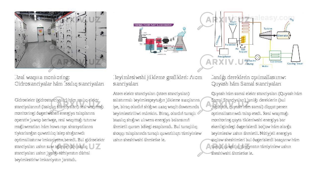 Real waqıtta monitoring: Gidrostanciyalar hám Íssılıq stanciyaları Gidroelektr (gidrostanciyalar) hám ıssılıq elektr stanciyalarınıń (issiqlıq stanciyaları) real waqıttaǵı monitoringi ózgeriwsheń energiya talaplarına operativ juwap beriwge, real waqıttaǵı tutınıw maǵlıwmatları hám hawa rayı sharayatlarına tiykarlanǵan quwatlılıq islep shıǵarıwdı optimallastırıw imkaniyatın beredi. Bul gidroelektr stanciyaları ushın suw aǵımın hám ıssılıq stanciyaları ushın janılǵı támiynatın dárhal beyimlestiriw imkaniyatın jaratadı. Beyimlesiwshi júkleme grafikleri: Atom stanciyaları Atom elektr stanciyaları (atom stanciyaları) salıstırmalı beyimlespeytuģın júkleme sızıqlarına iye, biraq olardıń shiģıwı uzaq waqit dawamında beyimlestiriliwi múmkin. Biraq, olardıń turaqlı bazalıq shıǵıwı ulıwma energiya balansınıń áhmietli quram bólegi esaplanadı. Bul turaqlılıq shoqqı talaplarında turaqlı quwatlılıqtı támiyinlew ushın sheshiwshi áhmietke ie. Janılģı dereklerin optimallastırıw: Quyash hám Samal stanciyaları Quyash hám samal elektr stanciyaları (Quyash hám Samal Stanciyaları) janılģı dereklerin (bul jagdayda, quyash hám samal) diqqat penen optimallastırıwdı talap etedi. Real waqıttaǵı monitoring qayta tikleniwshi energiya bar ekenligindegi ózgerislerdi boljaw hám olarǵa beyimlesiw ushın áhmietli. Nátiyjeli energiya saqlaw sheshimleri bul ózgerislerdi basqarıw hám turaqlı quwatlıq támiynatın támiyinlew ushın sheshiwshi áhmietke ie. 