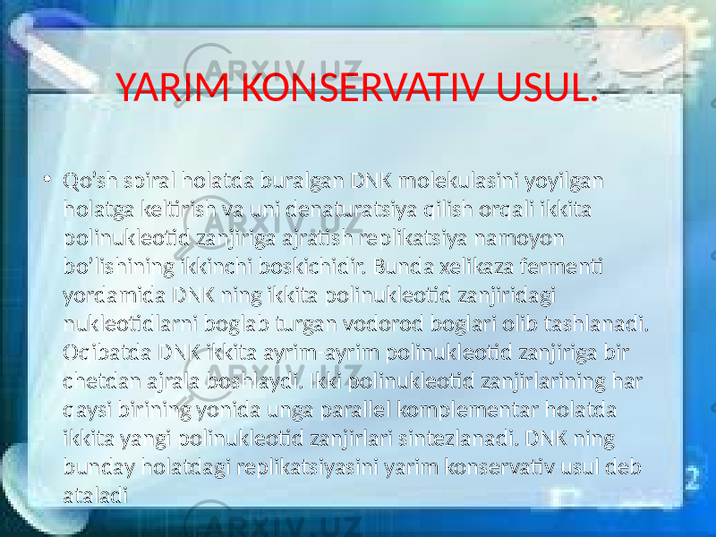 YARIM KONSERVATIV USUL. • Qo’sh spiral holatda buralgan DNK molekulasini yoyilgan holatga keltirish va uni denaturatsiya qilish orqali ikkita polinukleotid zanjiriga ajratish replikatsiya namoyon bo’lishining ikkinchi boskichidir. Bunda xelikaza fermenti yordamida DNK ning ikkita polinukleotid zanjiridagi nukleotidlarni boglab turgan vodorod boglari olib tashlanadi. Oqibatda DNK ikkita ayrim-ayrim polinukleotid zanjiriga bir chetdan ajrala boshlaydi. Ikki polinukleotid zanjirlarining har qaysi birining yonida unga parallel komplementar holatda ikkita yangi polinukleotid zanjirlari sintezlanadi. DNK ning bunday holatdagi replikatsiyasini yarim konservativ usul deb ataladi 