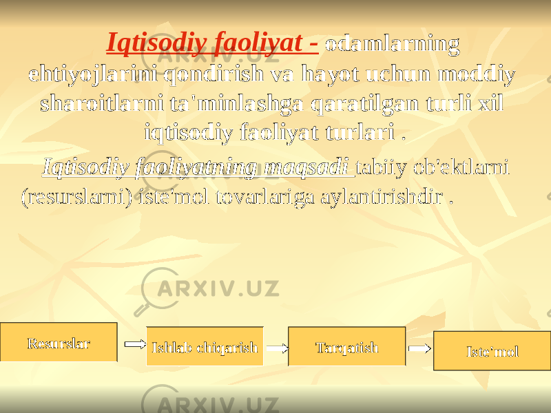 Iqtisodiy faoliyat - odamlarning ehtiyojlarini qondirish va hayot uchun moddiy sharoitlarni ta&#39;minlashga qaratilgan turli xil iqtisodiy faoliyat turlari . Iqtisodiy faoliyatning maqsadi tabiiy ob&#39;ektlarni (resurslarni) iste&#39;mol tovarlariga aylantirishdir . Resurslar Ishlab chiqarish Tarqatish Iste&#39;mol 