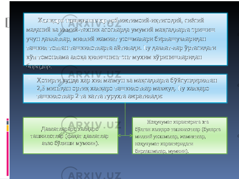 Халқаро ташкилотлар деб ижтимоий-иқтисодий, сиёсий маданий ва илмий-техник асосларда умумий мақсадларга эришиш учун давлатлар, миллий жамият уюшмалари бирлашувларидан ташкил топган ташкилотларга айтилади. Бу давлат-лар ўртасидаги кўп томонлама алоқа қилишнинг энг муҳим кўринишларидан биридир.  Ҳозирги кунда ҳар хил мазмун ва мақсадларга бўйсундирилган 2,5 мингдан ортиқ халқаро ташкилотлар мавжуд. Бу халқаро ташкилотлар 2 та катта гуруҳга ажратилади: Давлатлараро халқаро ташкилотлар (фақат давлатлар аъзо бўлиши мумкин). Ноҳукумат характерига эга бўлган халқаро ташкилотлар (буларга миллий уюшмалар, жамиятлар, ноҳукумат характеридаги бирлашмалар, мумкин). 