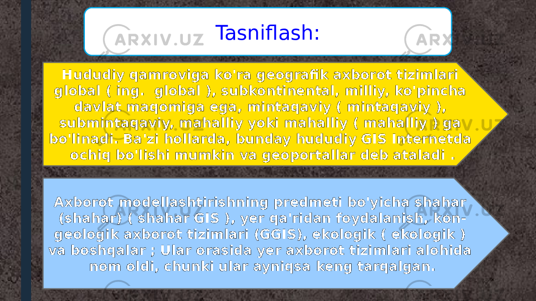 Hududiy qamroviga ko&#39;ra geografik axborot tizimlari global ( ing. global ), subkontinental, milliy, ko&#39;pincha davlat maqomiga ega, mintaqaviy ( mintaqaviy ), submintaqaviy, mahalliy yoki mahalliy ( mahalliy ) ga bo&#39;linadi. Ba&#39;zi hollarda, bunday hududiy GIS Internetda ochiq bo&#39;lishi mumkin va geoportallar deb ataladi . Axborot modellashtirishning predmeti bo&#39;yicha shahar (shahar) ( shahar GIS ), yer qa&#39;ridan foydalanish, kon- geologik axborot tizimlari (GGIS), ekologik ( ekologik ) va boshqalar ; Ular orasida yer axborot tizimlari alohida nom oldi, chunki ular ayniqsa keng tarqalgan. Tasniflash: 