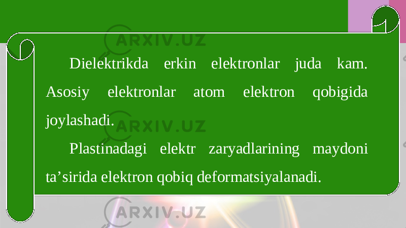 Dielektrikda erkin elektronlar juda kam. Asosiy elektronlar atom elektron qobigida joylashadi. Plastinadagi elektr zaryadlarining maydoni ta’sirida elektron qobiq deformatsiyalanadi. 