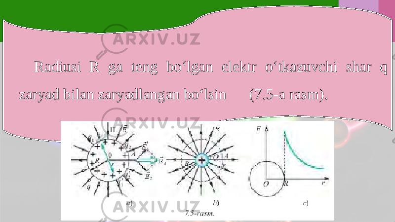 Radiusi R ga teng bo‘lgan elektr o‘tkazuvchi shar q zaryad bilan zaryadlangan bo‘lsin (7.5-a rasm). 