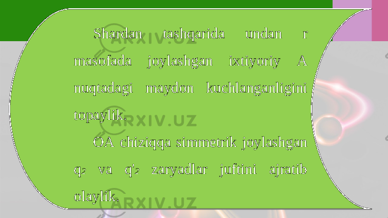 Shardan tashqarida undan r masofada joylashgan ixtiyoriy A nuqtadagi maydon kuchlanganligini topaylik. OA chiziqqa simmetrik joylashgan q 2 va q&#39; 2 zaryadlar juftini ajratib olaylik. 