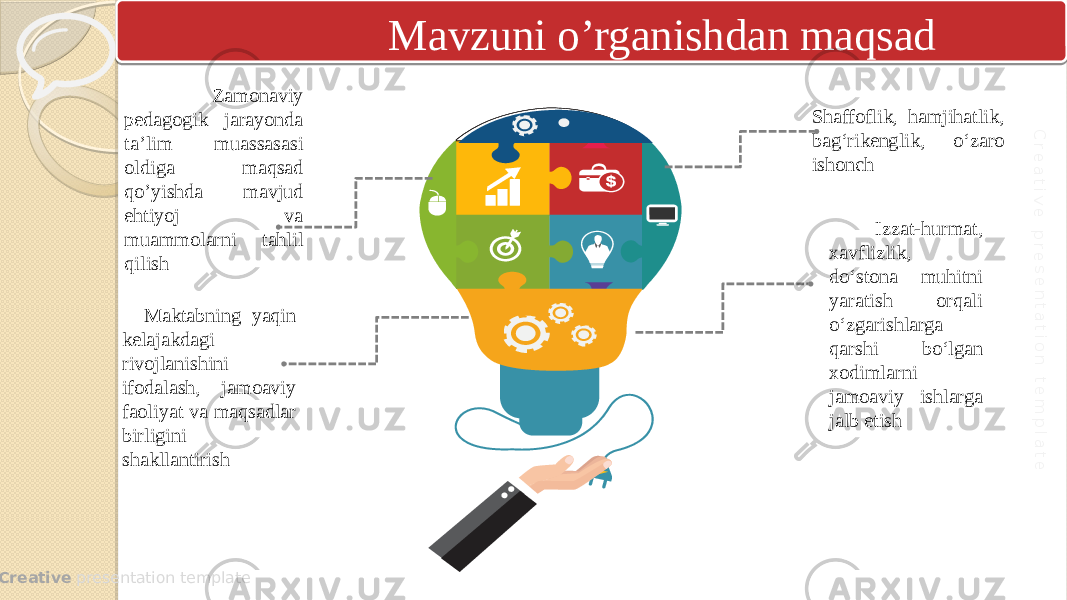  Creative presentation templateC re a tiv e p re s e n ta tio n te m p la te Zamonaviy pedagogik jarayonda ta’lim muassasasi oldiga maqsad qo’yishda mavjud ehtiyoj va muammolarni tahlil qilish Maktabning yaqin kelajakdagi rivojlanishini ifodalash, jamoaviy faoliyat va maqsadlar birligini shakllantirish Shaffoflik, hamjihatlik, bag‘rikenglik, o‘zaro ishonch Izzat-hurmat, xavflizlik, do‘stona muhitni yaratish orqali o‘zgarishlarga qarshi bo‘lgan xodimlarni jamoaviy ishlarga jalb etish Mavzuni o’rganishdan maqsad 0101 18 