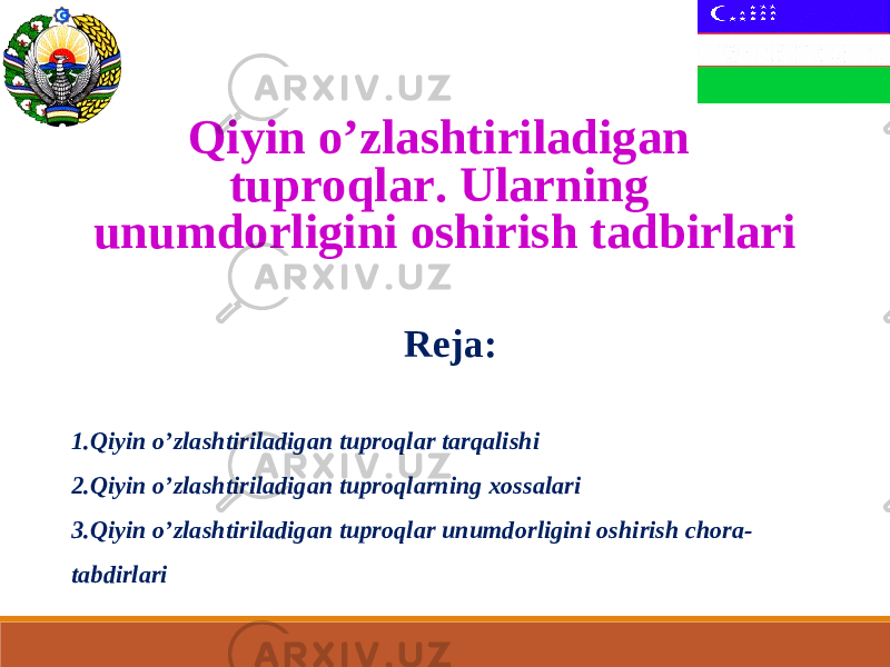 Qiyin o’zlashtiriladigan tuproqlar. Ularning unumdorligini oshirish tadbirlari Reja: 1. Qiyin o ’ zlashtiriladigan tuproqlar tarqalishi 2. Qiyin o ’ zlashtiriladigan tuproqlarning xossalari 3. Qiyin o ’ zlashtiriladigan tuproqlar unumdorligini oshirish chora- tabdirlari 