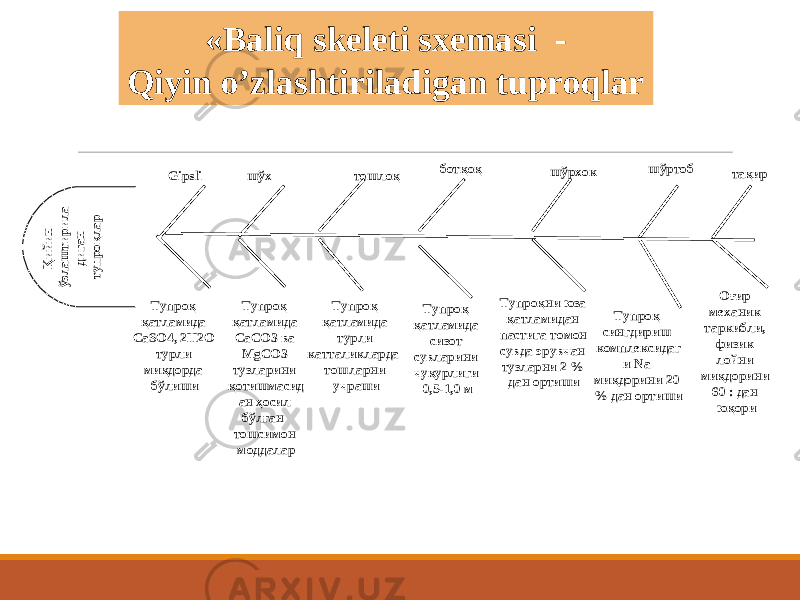 « Baliq skeleti sxemasi - Qiyin o’zlashtiriladigan tuproqlarҚийин ўзлаш тирила диган тупроқлар шўхGipsli тошлоқ ботқоқ шўрхок шўртоб Тупроқ қатламида Са SO4, 2H2O турли миқдорда бўлиши Тупроқ қатламида СаСО3 ва М gCO3 тузларини қотишмасид ан ҳосил бўлган тошсимон моддалар Тупроқ қатламида турли катталикларда тошларни учраши Тупроқ қатламида сизот сувларини чуқурлиги 0,5-1,0 м Тупроқни юза қатламидан пастига томон сувда эрувчан тузларни 2 % дан ортиши Тупроқ сингдириш комплексидаг и Na миқдорини 20 % дан ортиши Оғир механик таркибли, физик лойни миқдорини 60 : дан юқори тақир 