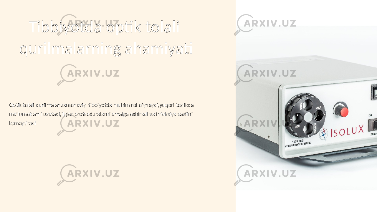 Tibbiyotda optik tolali qurilmalarning ahamiyati Optik tolali qurilmalar zamonaviy tibbiyotda muhim rol o’ynaydi,yuqori tezlikda ma’lumotlarni uzatadi,ilg’or protseduralarni amalga oshiradi va infeksiya xavfini kamaytiradi 