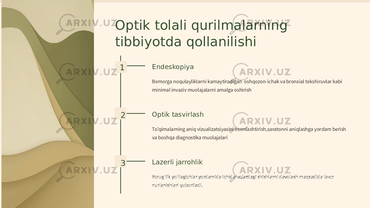 Optik tolali qurilmalarning tibbiyotda qollanilishi 1 Endeskopiya Bemorga noqulayliklarni kamaytiradigan oshqozon-ichak va bronxial tekshiruvlar kabi minimal invaziv muolajalarni amalga oshirish 2 Optik tasvirlash To’qimalarning aniq vizualizatsiyasini osonlashtirish,saratonni aniqlashga yordam berish va boshqa diagnostika muolajalari 3 Lazerli jarrohlik Yorug’lik yo’llagichlar yordamida ichki a’zolardagi shishlarni davolash maqsadida lazer nurlanishlari yuboriladi. 