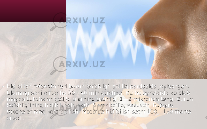 • Hid bilish retseptorlari burun bo‘shlig‘i shilliq pardasida joylashgan. Ularning soni o‘rtacha 30—40 mln atrofida. Bu hujayralarda ko‘plab mayda tukchalar bo‘lib, ularning uzunligi 1—2 mikronga teng. Burun bo‘shlig‘ining hid biluvchi sathi 5 sm 2 bo‘lib, sezuvchi hujayra tukchalarining ko‘p bo‘lishi hisobiga hid bilish sathi 100—150 marta ortadi. 