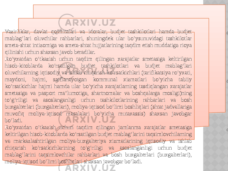 Vazirliklar, davlat qo‘mitalari va idoralar, budjet tashkilotlari hamda budjet mablag‘lari oluvchilar rahbarlari, shuningdek ular bo‘ysunuvidagi tashkilotlar smeta-shtat intizomiga va smeta-shtat hujjatlarining taqdim etish muddatiga rioya qilinishi uchun shaxsan javob beradilar. Ro‘yxatdan o‘tkazish uchun taqdim qilingan xarajatlar smetasiga keltirilgan hisob-kitoblarda ko‘rsatilgan budjet tashkilotlari va budjet mablag‘lari oluvchilarning iqtisodiy va ishlab chiqarish ko‘rsatkichlari (tarifikatsiya ro‘yxati, maydoni, hajmi, sarflanayotgan kommunal xizmatlari bo‘yicha tabiiy ko‘rsatkichlar hajmi hamda ular bo‘yicha xarajatlarning tasdiqlangan xarajatlar smetasiga va pasport ma’lumotiga, shartnomalar va boshqalarga mosligi)ning to‘g‘riligi va asoslanganligi uchun tashkilotlarining rahbarlari va bosh buxgalterlari (buxgalterlari), moliya-iqtisod bo‘limi boshliqlari (shtat jadvallariga muvofiq moliya-iqtisod masalalari bo‘yicha mutaxassis) shaxsan javobgar bo‘ladi. Ro‘yxatdan o‘tkazish uchun taqdim qilingan jamlanma xarajatlar smetasiga keltirilgan hisob-kitoblarda ko‘rsatilgan budjet mablag‘larini taqsimlovchilarning va markazlashtirilgan moliya-buxgalteriya xizmatlarining iqtisodiy va ishlab chiqarish ko‘rsatkichlarining to‘g‘riligi va asoslanganligi uchun budjet mablag‘larini taqsimlovchilar rahbarlari va bosh buxgalterlari (buxgalterlari), moliya-iqtisod bo‘limi boshliqlari shaxsan javobgar bo‘ladi. 3A 170F0914 10 1F131413 01151916210F0E0B0F 11131015092812130E 15140A1B1C1113 170F160B151D13 1215191A10 10 0E151918191A13 090A21180F140E 170A1B1525131F08 091519140F0B 01151916210F0E0B0F 120D140E 1B0F08 1C11131F0F 170F0914 171514 