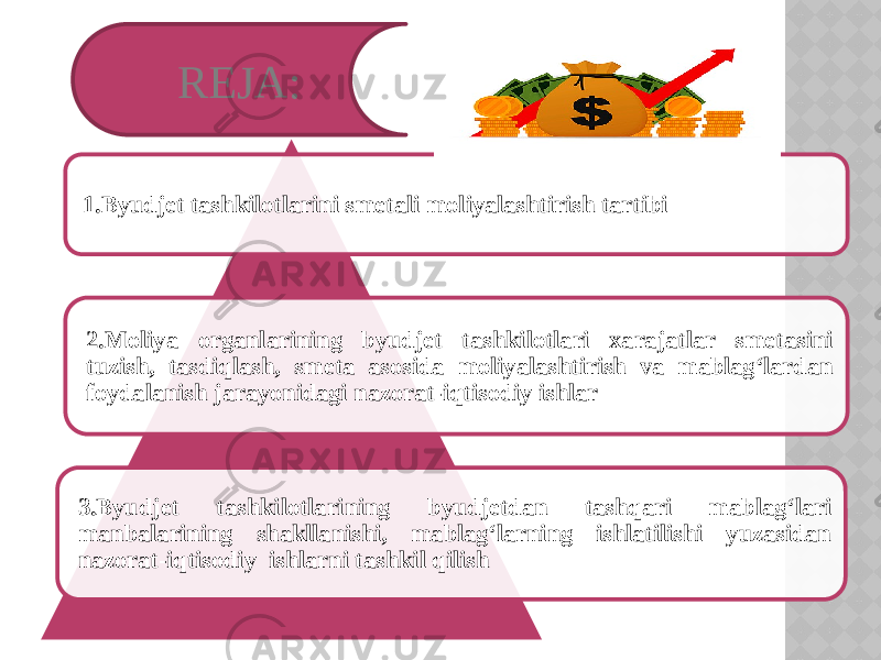 1.Byudjet tashkilotlarini smetali moliyalashtirish tartibi 2.Moliya organlarining byudjet tashkilotlari xarajatlar smetasini tuzish, tasdiqlash, smeta asosida moliyalashtirish va mablag‘lardan foydalanish jarayonidagi nazorat-iqtisodiy ishlar 3.Byudjet tashkilotlarining byudjetdan tashqari mablag‘lari manbalarining shakllanishi, mablag‘larning ishlatilishi yuzasidan nazorat-iqtisodiy ishlarni tashkil qilish REJA: 