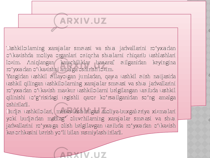 Tashkilotlarning xarajatlar smetasi va shtat jadvallarini ro‘yxatdan o‘tkazishda moliya organlari ortiqcha shtatlarni chiqarib tashlashlari lozim. Aniqlangan kamchiliklar bartaraf etilganidan keyingina ro‘yxatdan o‘tkazishni amalga oshirish lozim. Yangidan tashkil etilayotgan jumladan, qayta tashkil etish natijasida tashkil qilingan tashkilotlarning xarajatlar smetasi va shtat jadvallarini ro‘yxatdan o‘tkazish mazkur tashkilotlarni belgilangan tartibda tashkil qilinishi to‘g‘risidagi tegishli qaror ko‘rsatilganidan so‘ng amalga oshiriladi. Budjet tashkilotlari, markazlashtirilgan moliya-buxgalteriya xizmatlari yoki budjetdan mablag‘ oluvchilarning xarajatlar smetasi va shtat jadvallarini ro‘yxatga olish belgilavgan tartibda ro‘yxatdan o‘tkazish kartochkasini berish yo‘li bilan rasmiylashtiriladi. 30 15 14 1A 23 0E 1A 1F 15 32 16 0C 12 