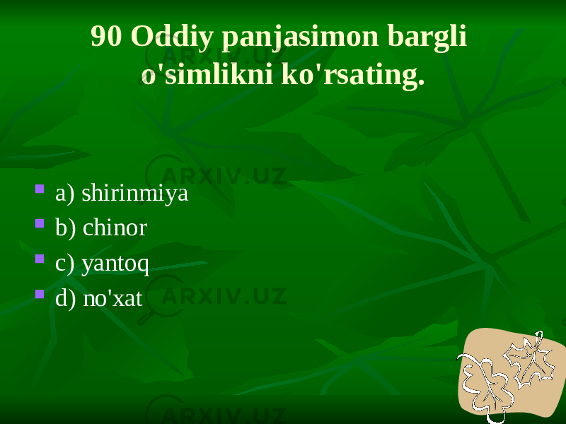 90 Oddiy panjasimon bargli o&#39;simlikni ko&#39;rsating.  a) shirinmiya  b) chinor  c) yantoq  d) no&#39;xat 