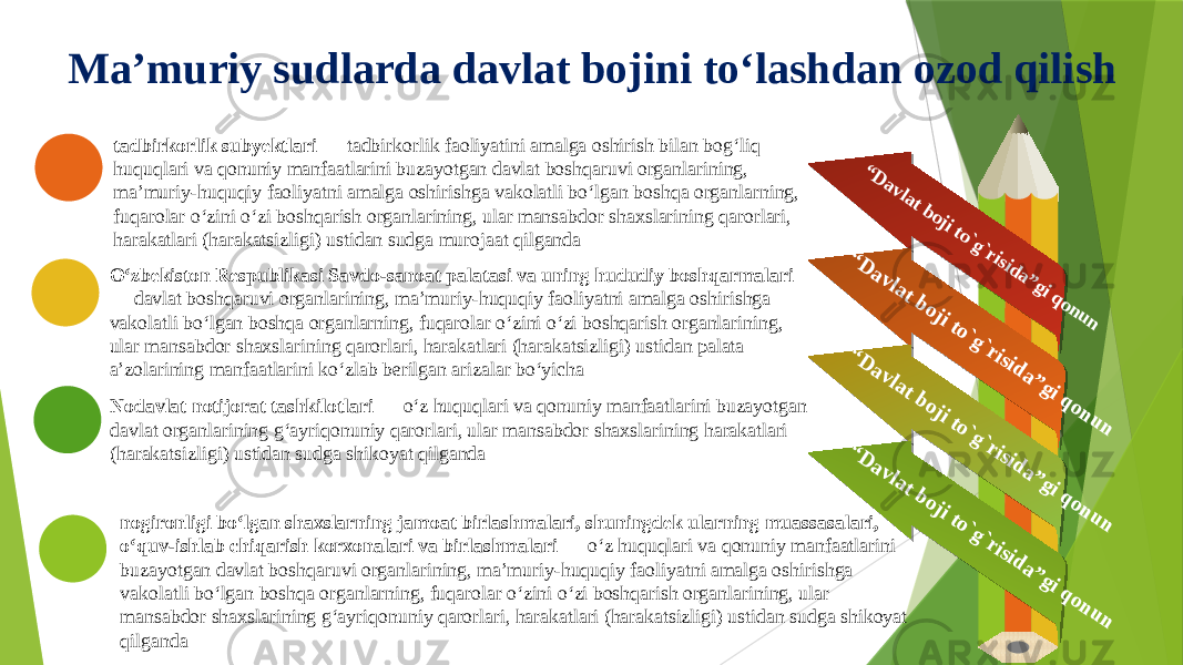 Ma’muriy sudlarda davlat bojini to‘lashdan ozod qilish tadbirkorlik subyektlari — tadbirkorlik faoliyatini amalga oshirish bilan bog‘liq huquqlari va qonuniy manfaatlarini buzayotgan davlat boshqaruvi organlarining, ma’muriy-huquqiy faoliyatni amalga oshirishga vakolatli bo‘lgan boshqa organlarning, fuqarolar o‘zini o‘zi boshqarish organlarining, ular mansabdor shaxslarining qarorlari, harakatlari (harakatsizligi) ustidan sudga murojaat qilganda O‘zbekiston Respublikasi Savdo-sanoat palatasi va uning hududiy boshqarmalari — davlat boshqaruvi organlarining, ma’muriy-huquqiy faoliyatni amalga oshirishga vakolatli bo‘lgan boshqa organlarning, fuqarolar o‘zini o‘zi boshqarish organlarining, ular mansabdor shaxslarining qarorlari, harakatlari (harakatsizligi) ustidan palata a’zolarining manfaatlarini ko‘zlab berilgan arizalar bo‘yicha Nodavlat notijorat tashkilotlari — o‘z huquqlari va qonuniy manfaatlarini buzayotgan davlat organlarining g‘ayriqonuniy qarorlari, ular mansabdor shaxslarining harakatlari (harakatsizligi) ustidan sudga shikoyat qilganda nogironligi bo‘lgan shaxslarning jamoat birlashmalari, shuningdek ularning muassasalari, o‘quv-ishlab chiqarish korxonalari va birlashmalari — o‘z huquqlari va qonuniy manfaatlarini buzayotgan davlat boshqaruvi organlarining, ma’muriy-huquqiy faoliyatni amalga oshirishga vakolatli bo‘lgan boshqa organlarning, fuqarolar o‘zini o‘zi boshqarish organlarining, ular mansabdor shaxslarining g‘ayriqonuniy qarorlari, harakatlari (harakatsizligi) ustidan sudga shikoyat qilganda“Davlat boji to`g`risida”gi qonun “D avlat boji to`g`risida”gi qonun “D avlat boji to`g`risida”gi qonun “D avlat boji to`g`risida”gi qonun 