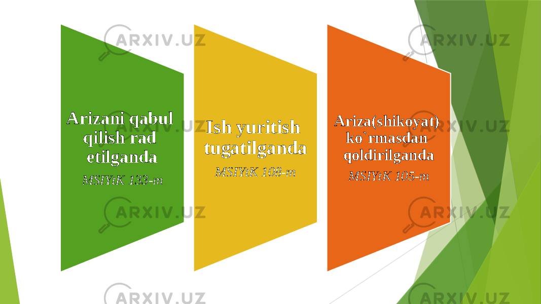 Arizani qabul qilish rad etilganda MSIYtK 133-m Ish yuritish tugatilganda MSIYtK 108-m Ariza(shikoyat) ko`rmasdan qoldirilganda MSIYtK 105-m 