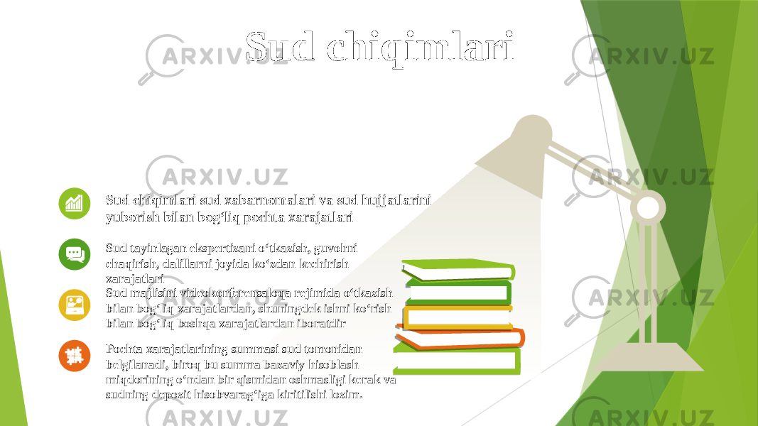 Sud chiqimlari Sud chiqimlari sud xabarnomalari va sud hujjatlarini yuborish bilan bog‘liq pochta xarajatlari Pochta xarajatlarining summasi sud tomonidan belgilanadi, biroq bu summa bazaviy hisoblash miqdorining o‘ndan bir qismidan oshmasligi kerak va sudning depozit hisobvarag‘iga kiritilishi lozim.Sud tayinlagan ekspertizani o‘tkazish, guvohni chaqirish, dalillarni joyida ko‘zdan kechirish xarajatlari Sud majlisini videokonferensaloqa rejimida o‘tkazish bilan bog‘liq xarajatlardan, shuningdek ishni ko‘rish bilan bog‘liq boshqa xarajatlardan iboratdir 