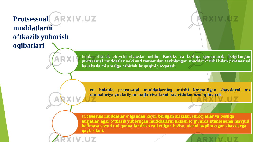 Protsessual muddatlarni o‘tkazib yuborish oqibatlari Ishda ishtirok etuvchi shaxslar ushbu Kodeks va boshqa qonunlarda belgilangan protsessual muddatlar yoki sud tomonidan tayinlangan muddat o‘tishi bilan protsessual harakatlarni amalga oshirish huquqini yo‘qotadi. Bu holatda protsessual muddatlarning o‘tishi ko‘rsatilgan shaxslarni o‘z zimmalariga yuklatilgan majburiyatlarni bajarishdan ozod qilmaydi. Protsessual muddatlar o‘tgandan keyin berilgan arizalar, shikoyatlar va boshqa hujjatlar, agar o‘tkazib yuborilgan muddatlarni tiklash to‘g‘risida iltimosnoma mavjud bo‘lmasa yoxud uni qanoatlantirish rad etilgan bo‘lsa, ularni taqdim etgan shaxslarga qaytariladi. 