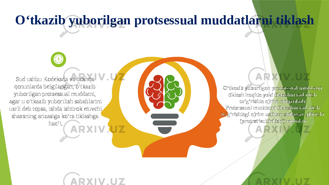 O‘tkazib yuborilgan protsessual muddatlarni tiklash Sud ushbu Kodeksda va boshqa qonunlarda belgilangan, o‘tkazib yuborilgan protsessual muddatni, agar u o‘tkazib yuborilish sabablarini uzrli deb topsa, ishda ishtirok etuvchi shaxsning arizasiga ko‘ra tiklashga haqli. O‘tkazib yuborilgan protsessual muddatni tiklash haqida yoki tiklashni rad etish to‘g‘risida ajrim chiqariladi. Protsessual muddatni tiklashni rad etish to‘g‘risidagi ajrim ustidan shikoyat qilinishi (protest keltirilishi) mumkin 