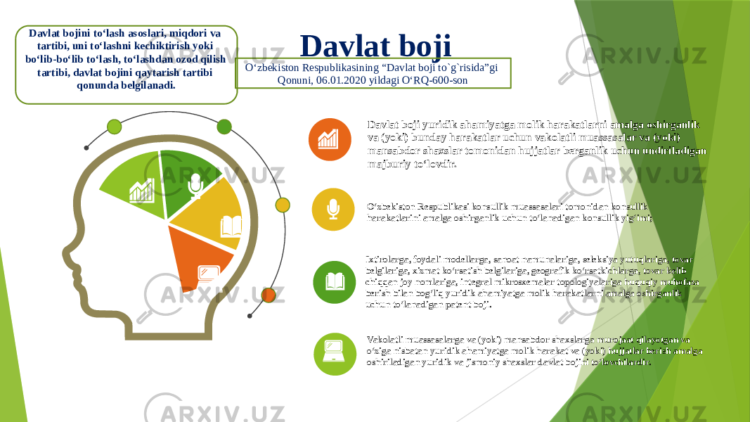 Davlat boji Davlat boji yuridik ahamiyatga molik harakatlarni amalga oshirganlik va (yoki) bunday harakatlar uchun vakolatli muassasalar va (yoki) mansabdor shaxslar tomonidan hujjatlar berganlik uchun undiriladigan majburiy to‘lovdir. O‘zbekiston Respublikasi konsullik muassasalari tomonidan konsullik harakatlarini amalga oshirganlik uchun to‘lanadigan konsullik yig‘imi; Ixtirolarga, foydali modellarga, sanoat namunalariga, seleksiya yutuqlariga, tovar belgilariga, xizmat ko‘rsatish belgilariga, geografik ko‘rsatkichlarga, tovar kelib chiqqan joy nomlariga, integral mikrosxemalar topologiyalariga huquqiy muhofaza berish bilan bog‘liq yuridik ahamiyatga molik harakatlarni amalga oshirganlik uchun to‘lanadigan patent boji. Vakolatli muassasalarga va (yoki) mansabdor shaxslarga murojaat qilayotgan va o‘ziga nisbatan yuridik ahamiyatga molik harakat va (yoki) hujjatlar berish amalga oshiriladigan yuridik va jismoniy shaxslar davlat bojini to‘lovchilardir.Davlat bojini to‘lash asoslari, miqdori va tartibi, uni to‘lashni kechiktirish yoki bo‘lib-bo‘lib to‘lash, to‘lashdan ozod qilish tartibi, davlat bojini qaytarish tartibi qonunda belgilanadi. O‘zbekiston Respublikasining “Davlat boji to`g`risida”gi Qonuni, 06.01.2020 yildagi O‘RQ-600-son 